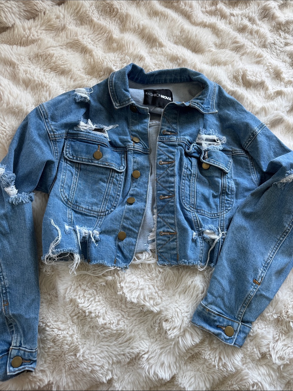 Fashion Nova Distressed Cropped Denim Jacket - Blue